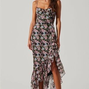ASTR the Label Brisbane Asymmetric Ruffle Floral Corset Maxi Slip Dress
